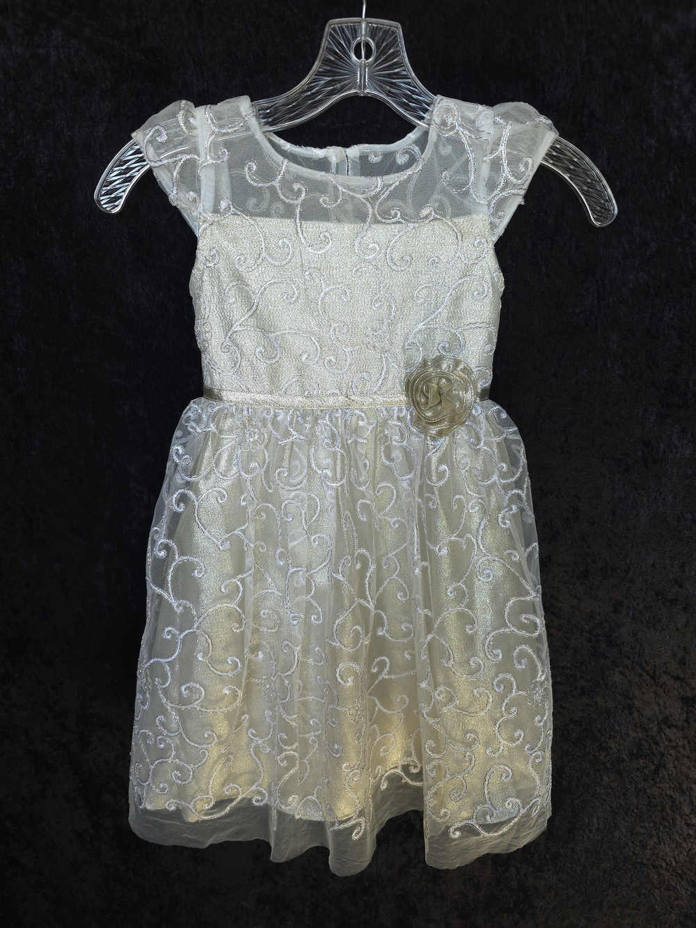 Jona Michelle Cream Embroidered Tulle Party Dress with Flower Accent